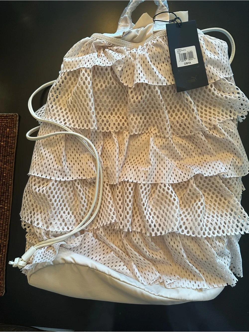 Puma X Fenty Layered Mesh Drawstring Backpack in Cream